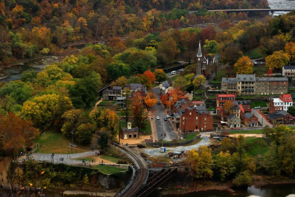 Aerial view of historic Harpers Ferry, West Virginia, in autumn